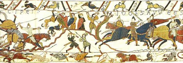 This section of the tapestry shows a scene from the middle of the Battle of Hastings and portrays Odo as being in the thick of it.. Men and 