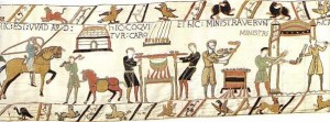 This section of the tapestry shows a feast being prepared in the open air after William and his men have landed in England- chickens on skew
