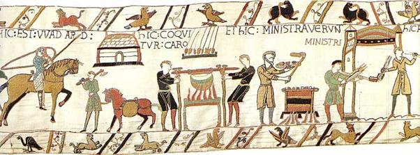 This section of the tapestry shows a feast being prepared in the open air after William and his men have landed in England- chickens on skew