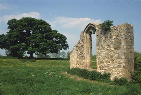 The surviving section of the manor house hall wall with its tall arched window, standing alone in a grass field