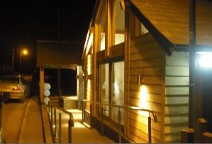 The hall lit up at night