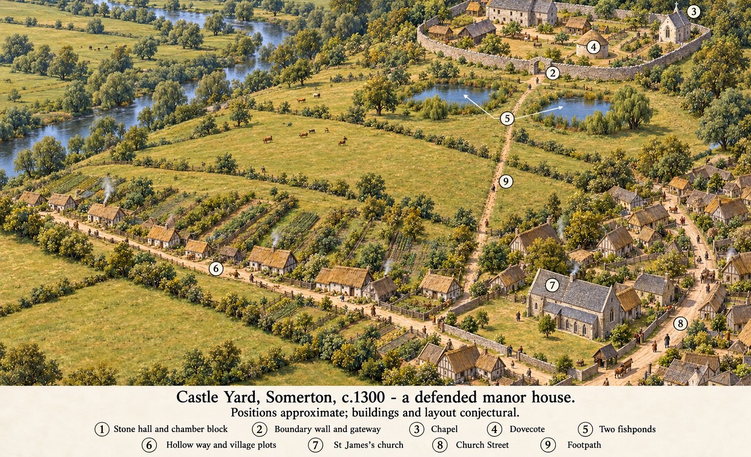 Artist's impression of a walled medieval manor with hall, chapel, dovecote and fishponds