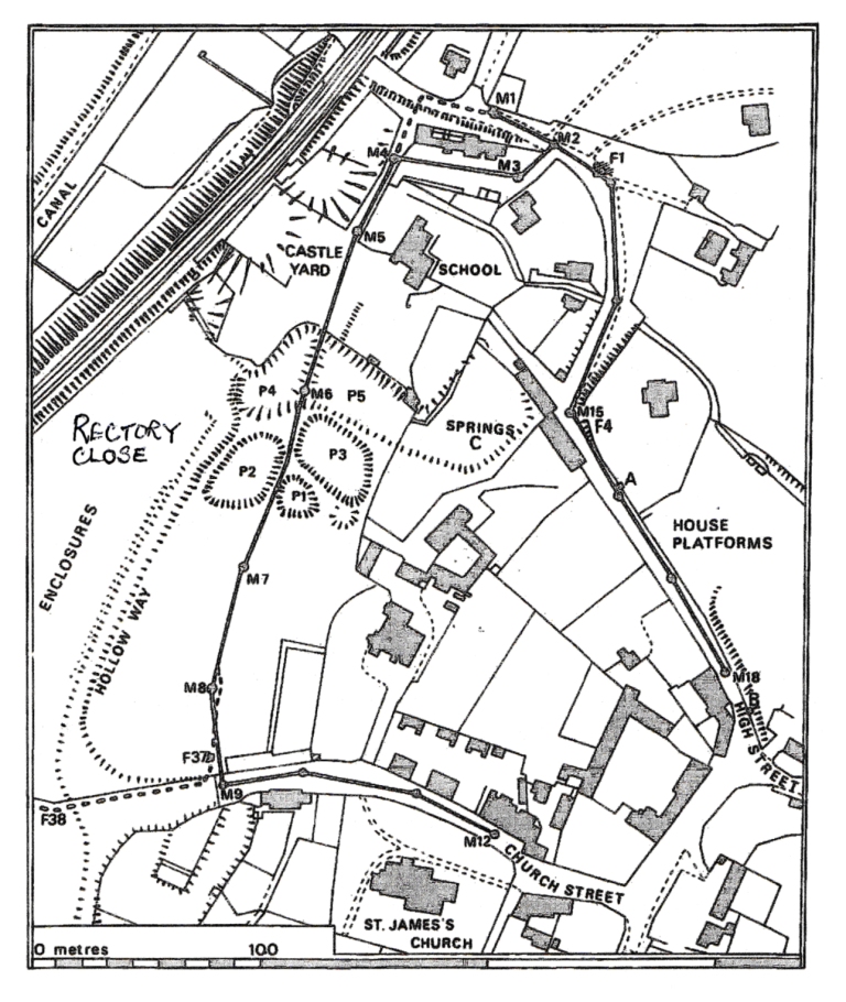 R. A. Chambers' plan of Castle Yard, Rectory Close, the fishponds, the hollow way and house platforms