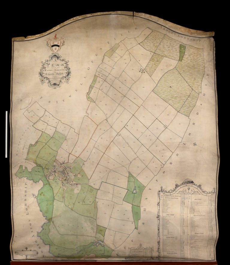 The 1765 enclosure map, drawn on an ox hide about six feet by five, now in the Bodleian Library, Oxford. See more on the Maps & Agriculture page.