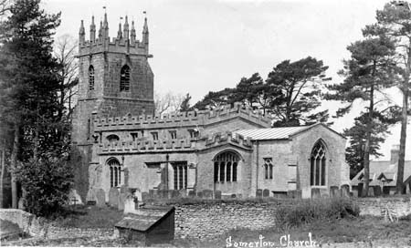 St James's Church from the south, with the churchyard wall in front, on an old postcard