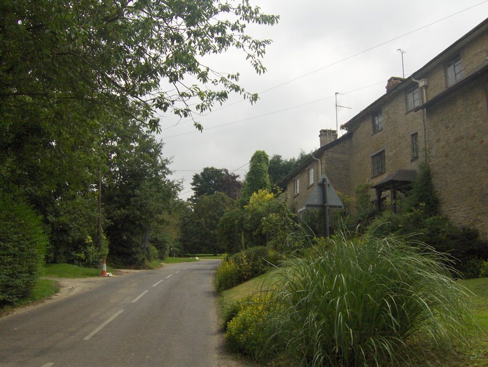 A tall stone house on the right of a quiet lane lined with trees
