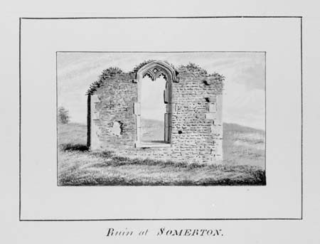 An old drawing of the ruined wall of the Fermor manor house, with its tall window