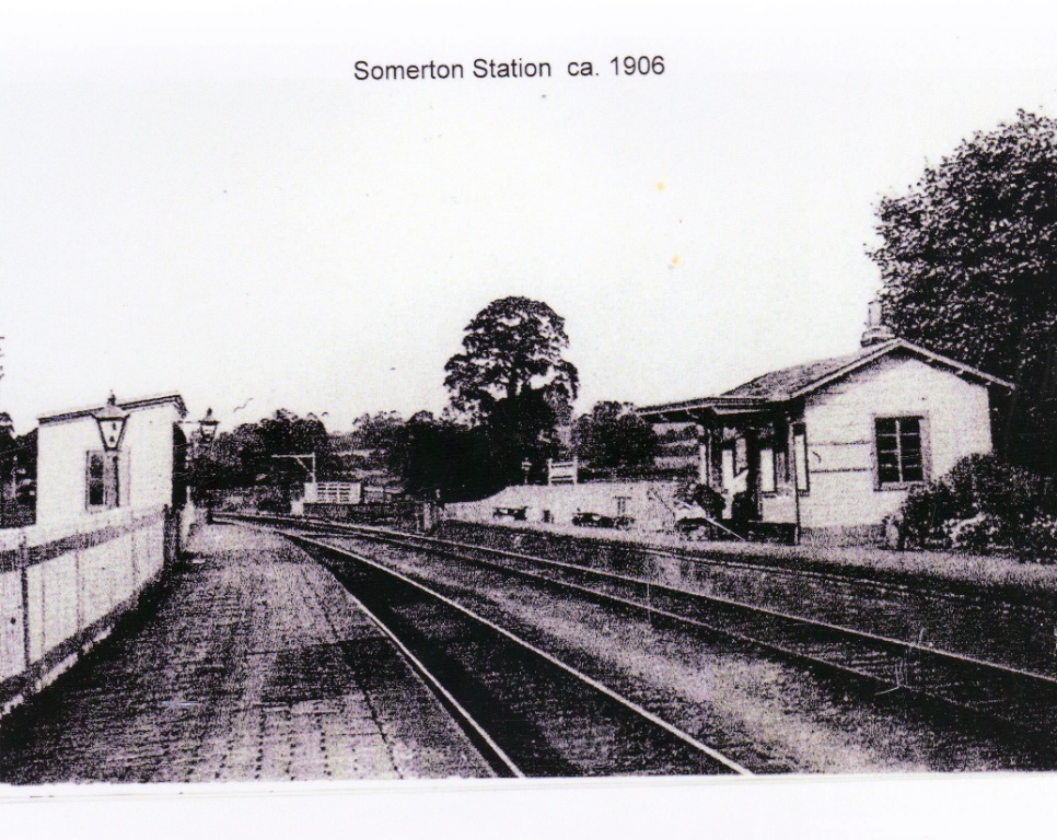 Somerton station around 1906, a small wooden building beside the platforms