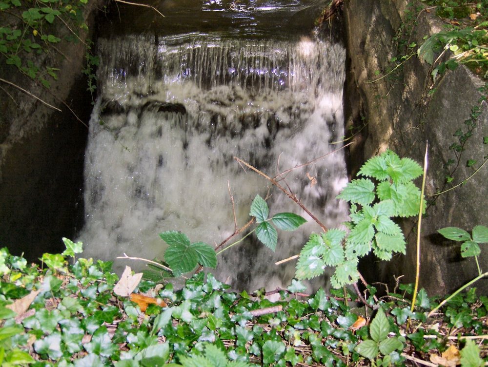 Water pouring over a small stone weir between stone walls, with ivy and nettles in front